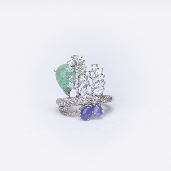 Aquamarine Diamond Leaf Ring | Nature-Inspired Luxury