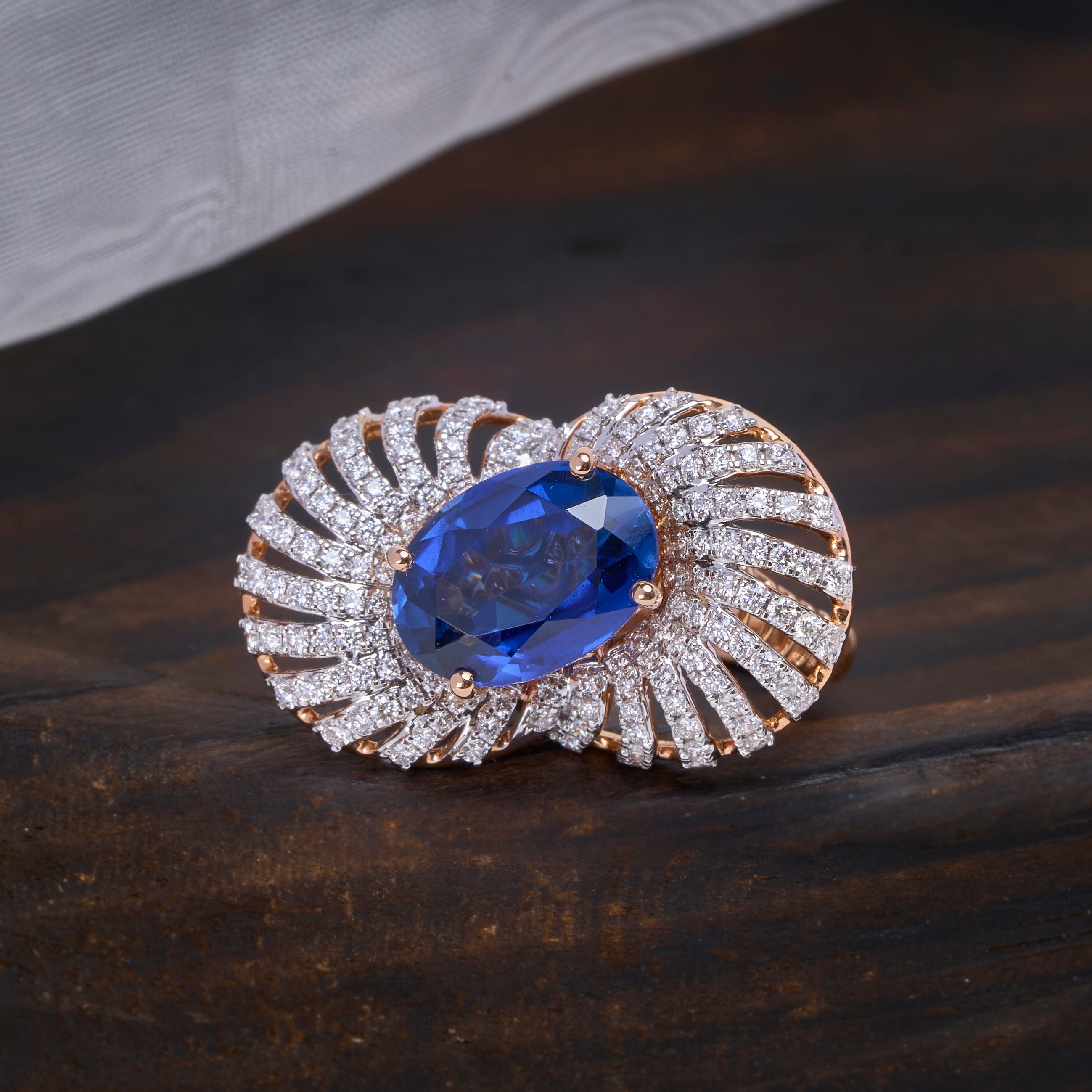 Blue Sapphire Diamond Fan Ring | Vintage-Inspired Statement Ring