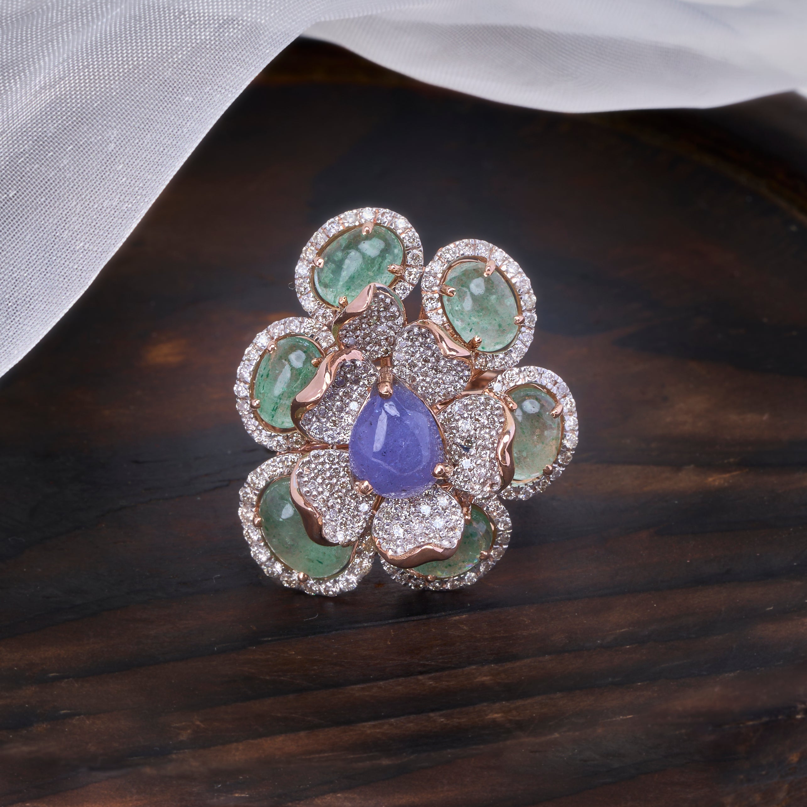 Emerald Tanzanite Diamond Floral Ring | Garden Cocktail Ring