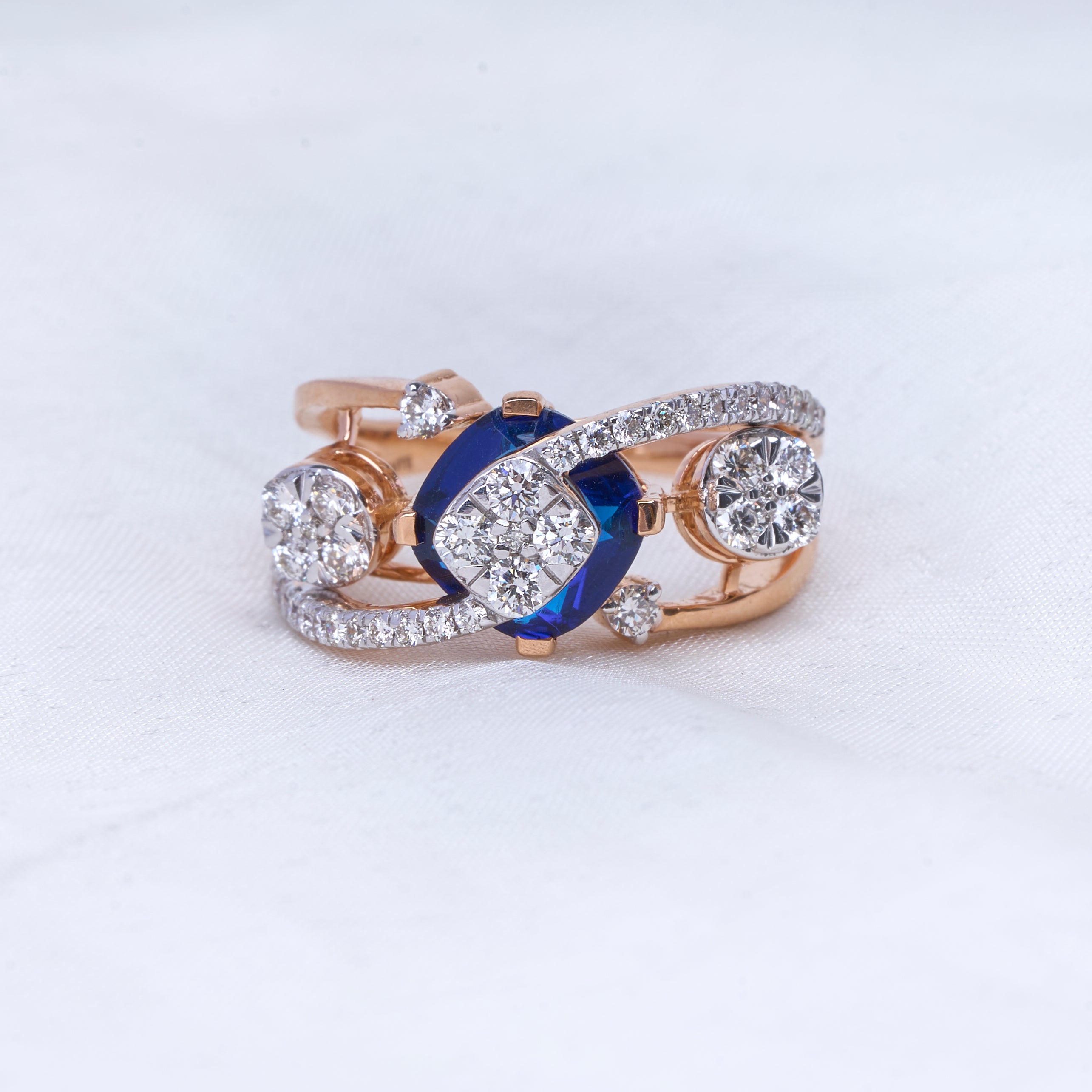 Blue Sapphire Diamond Wave Ring Modern Design Punjabi Saraf