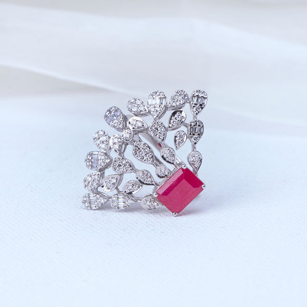 Ruby Diamond Leaf Spray Ring | Nature-Inspired Cocktail Ring