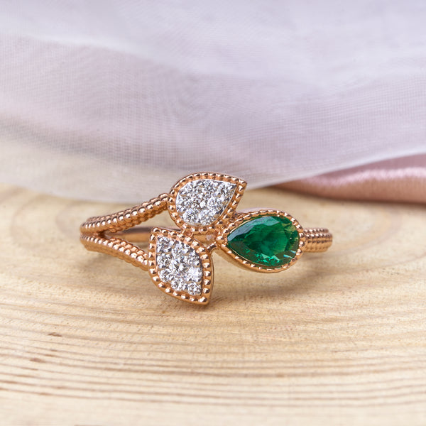 Emerald Diamond Leaf Ring | Nature-Inspired Ring