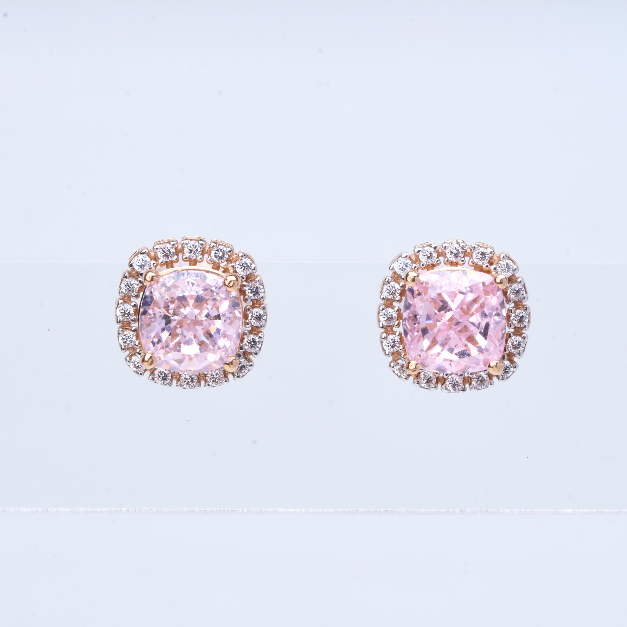 18K gold cushion-cut CZ stud earrings with sparkling halo design 