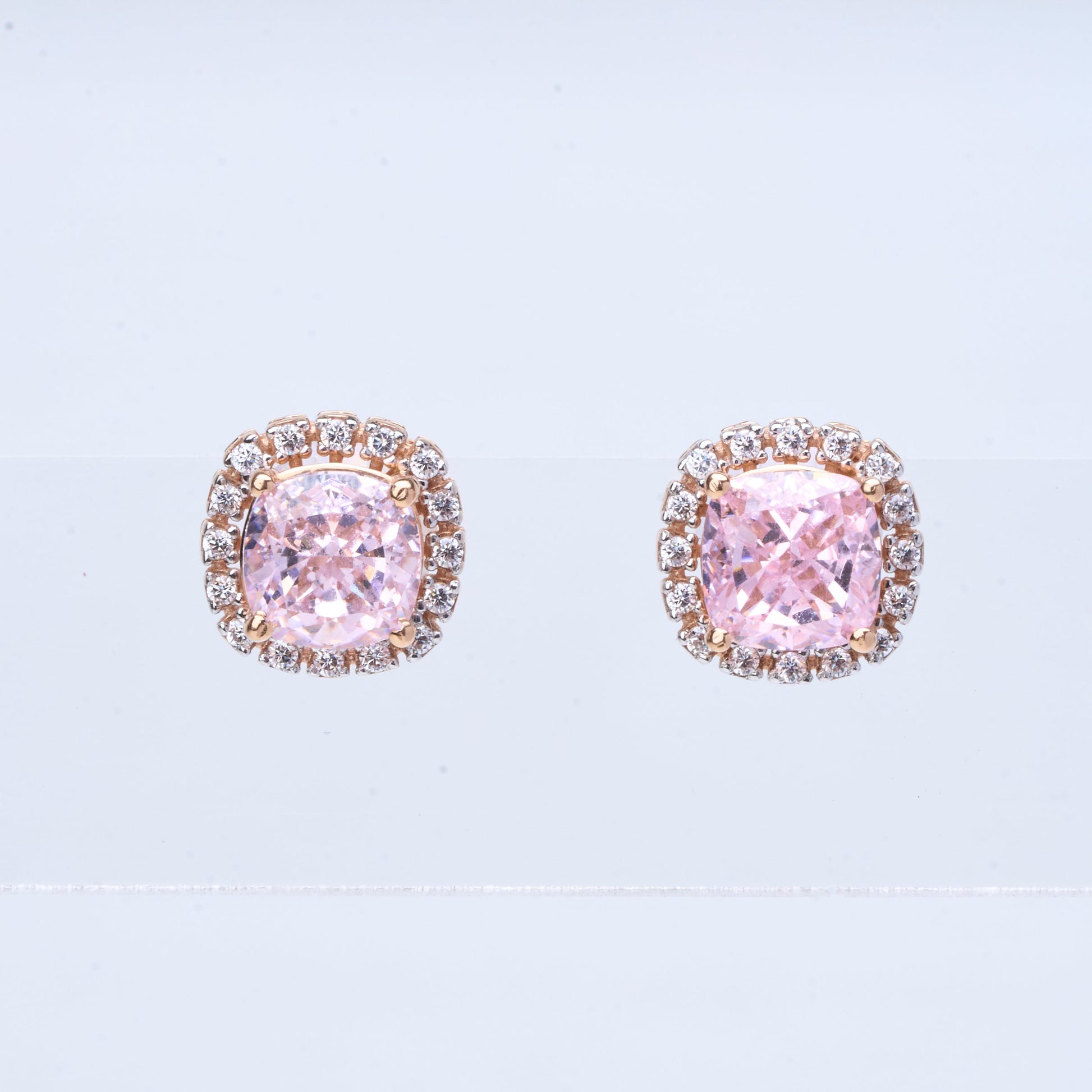 18K gold cushion-cut CZ stud earrings with sparkling halo design 