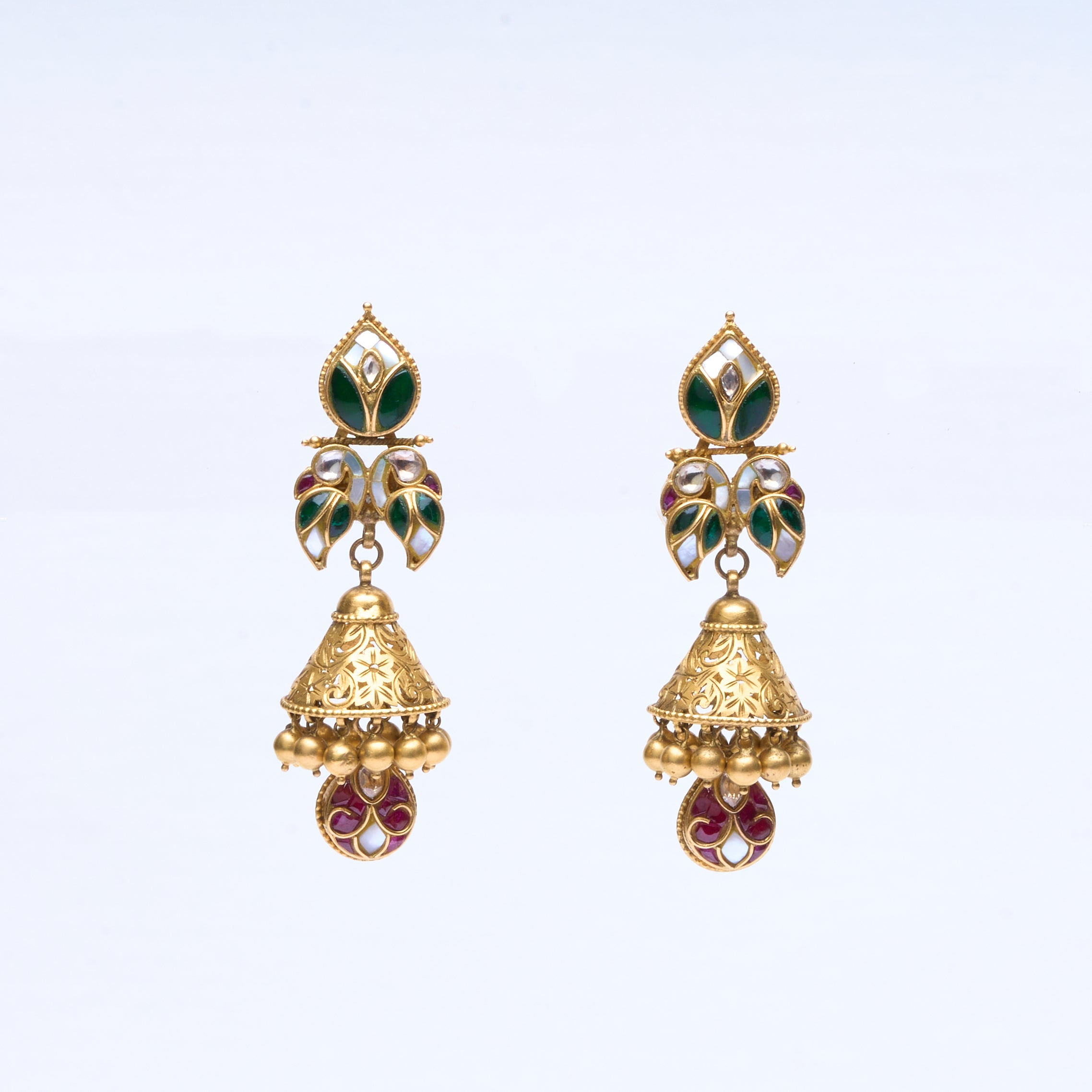22K gold traditional jhumka earrings with kundan work, pearl clusters and colored enamel 