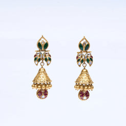22K gold traditional jhumka earrings with kundan work, pearl clusters and colored enamel 
