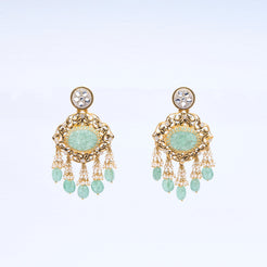  22K gold antique chandelier earrings with carved jade, pearl tassels, and polki diamond tops 