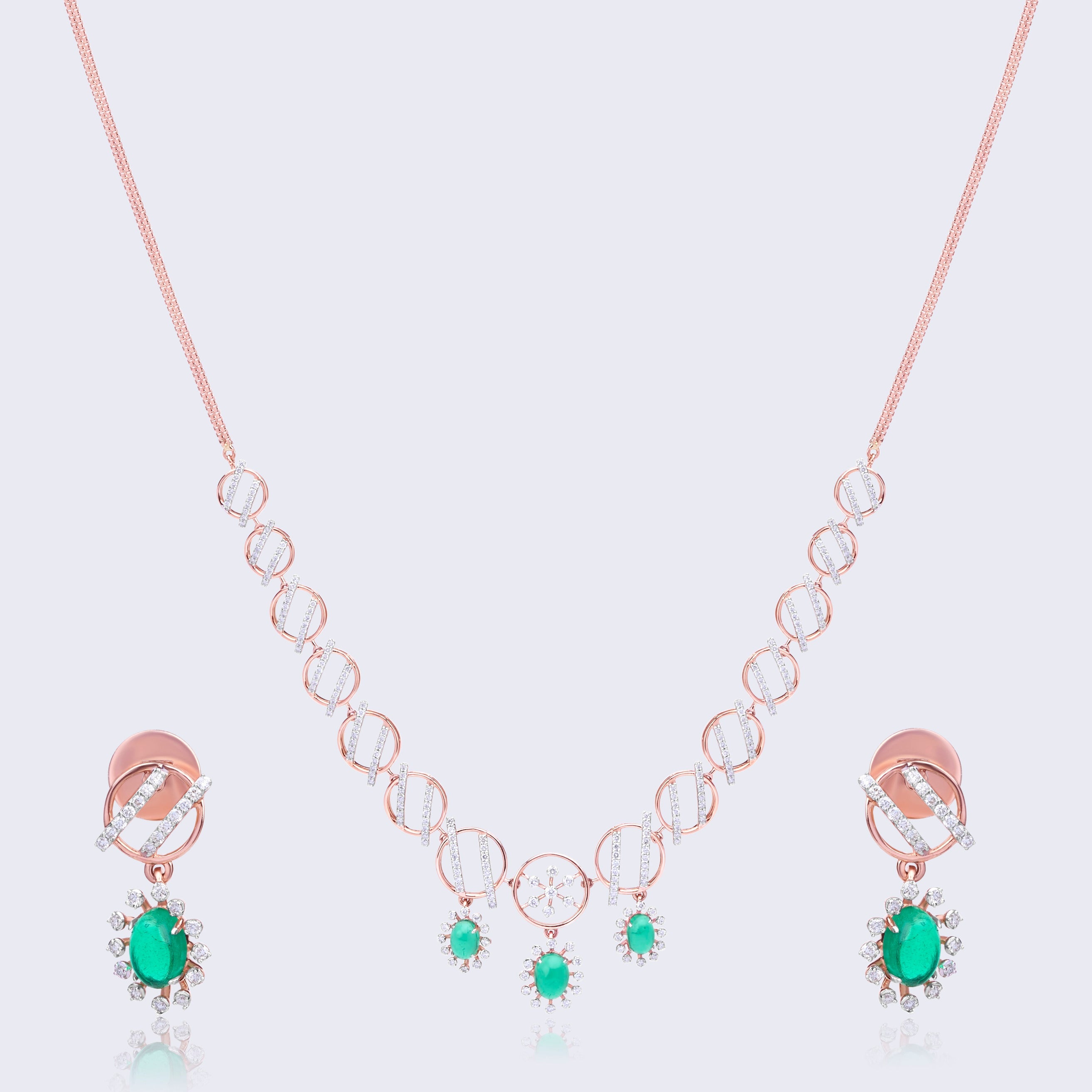  Contemporary Diamond Emerald Necklace Set with Geometric Design in 14KT Rose Gold
