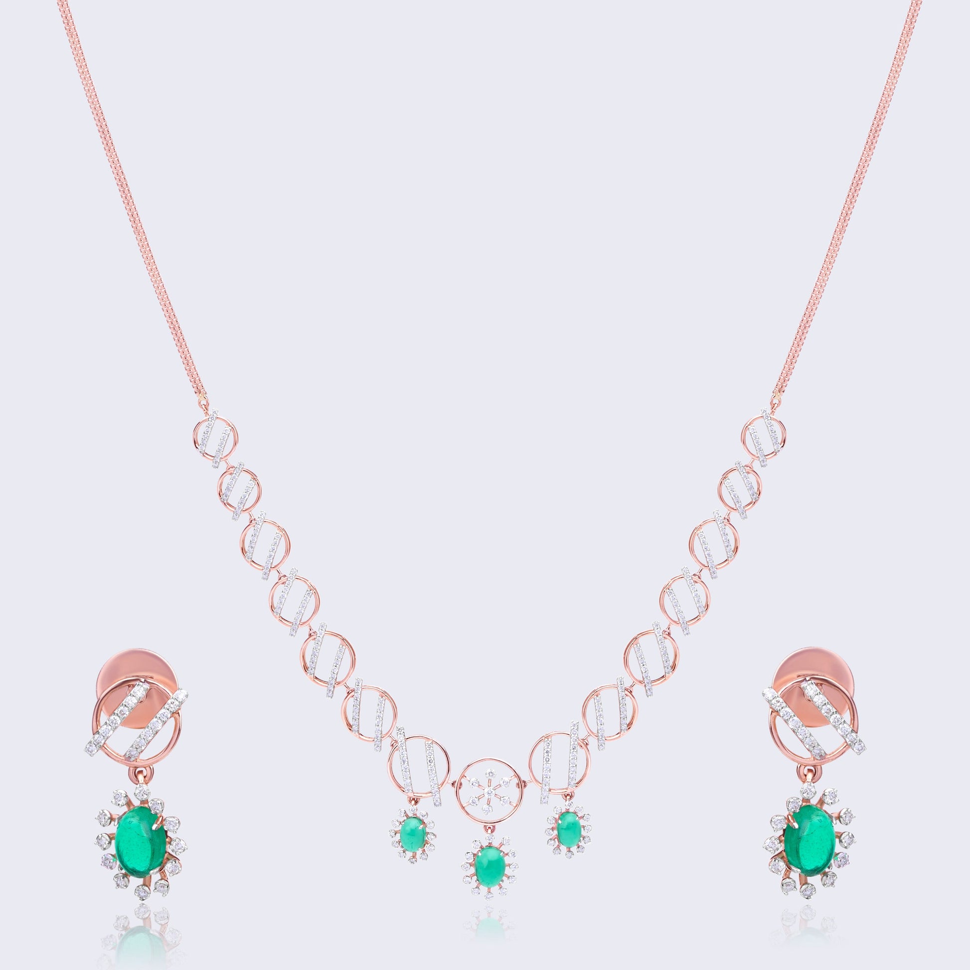  Contemporary Diamond Emerald Necklace Set with Geometric Design in 14KT Rose Gold