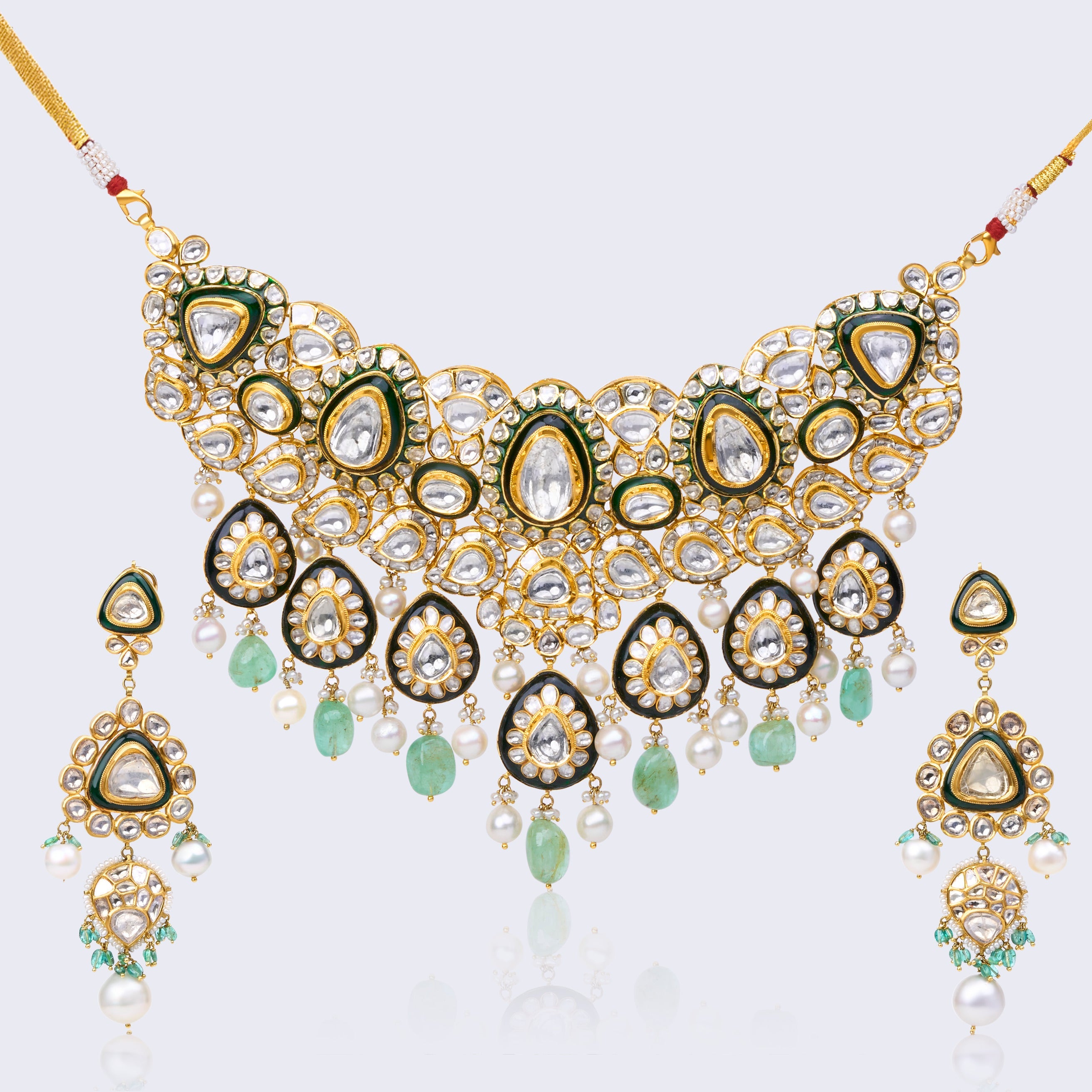 Royal Polki Jadau Necklace Set with Emerald and Pearl Drops in 22KT Gold with Green Meenakari Work
