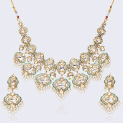 Traditional Polki Necklace Set with Pearl Drops and Emerald Accents in 22KT Gold