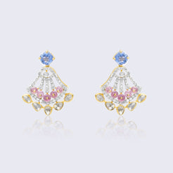 Stunning 18K gold sapphire polki art deco fan earrings with blue sapphire centers, pink ruby accents, and polki diamond base