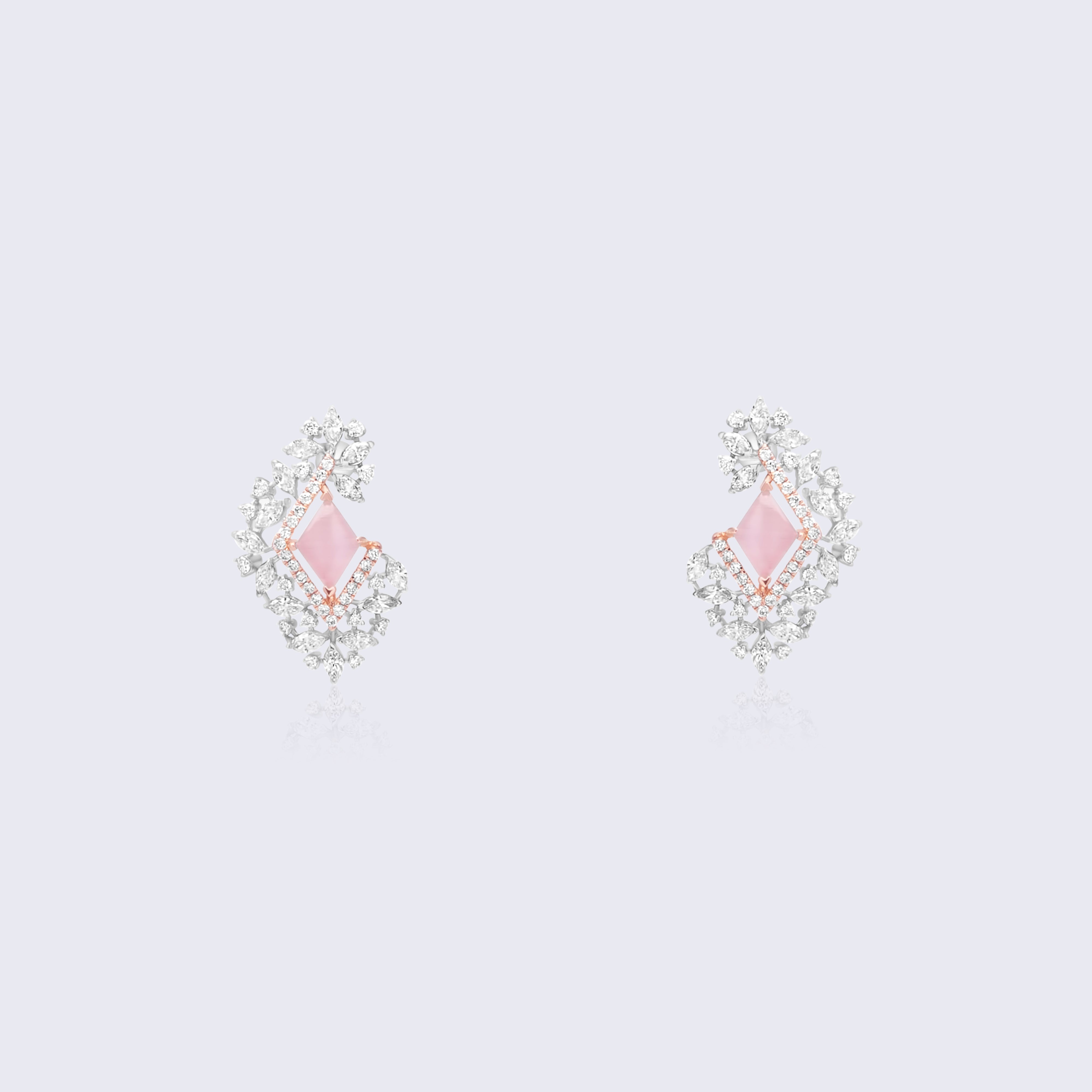 Luxurious 18K gold rose quartz diamond cluster stud earrings with pink centers and brilliant diamond floral patterns