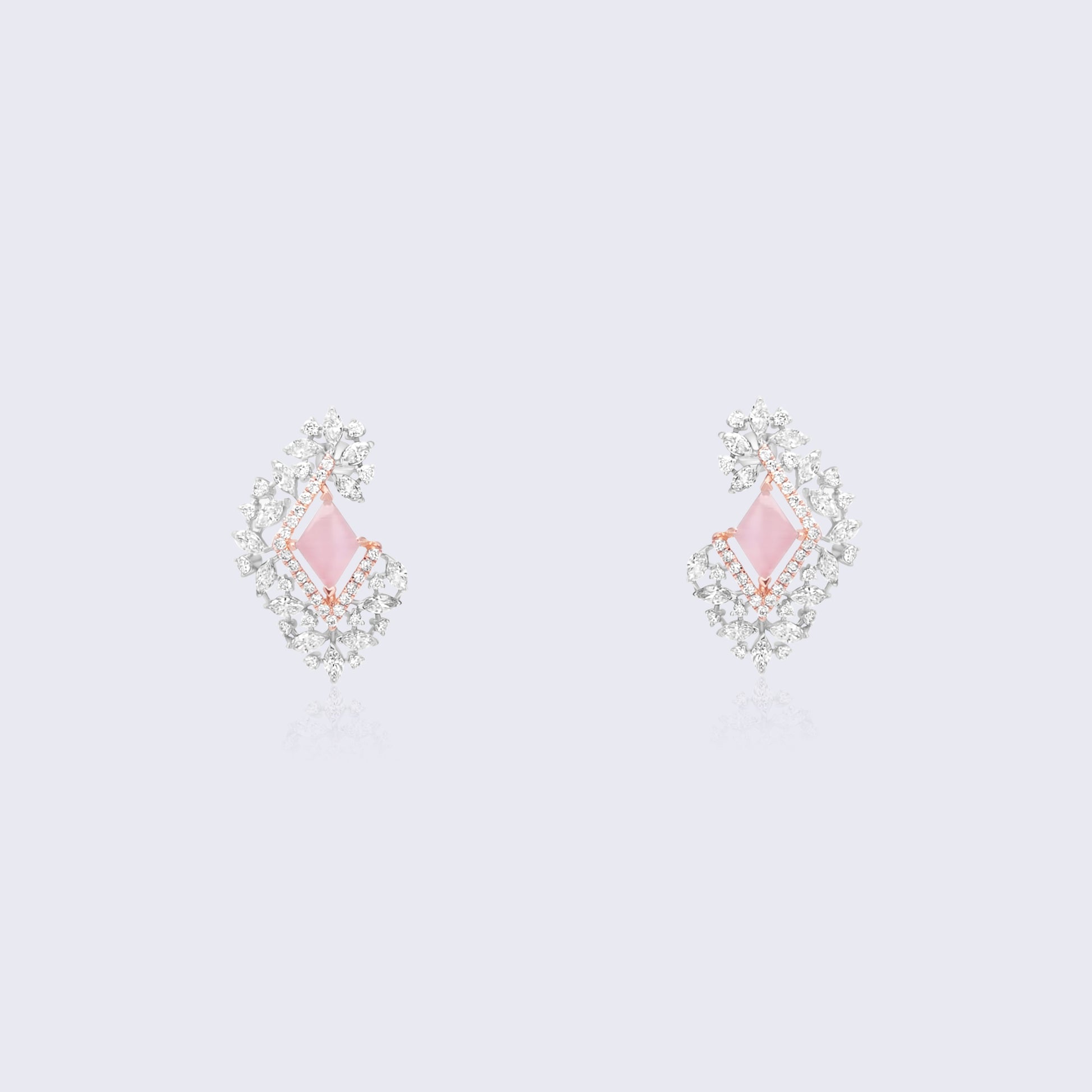 Luxurious 18K gold rose quartz diamond cluster stud earrings with pink centers and brilliant diamond floral patterns