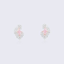 Luxurious 18K gold rose quartz diamond cluster stud earrings with pink centers and brilliant diamond floral patterns