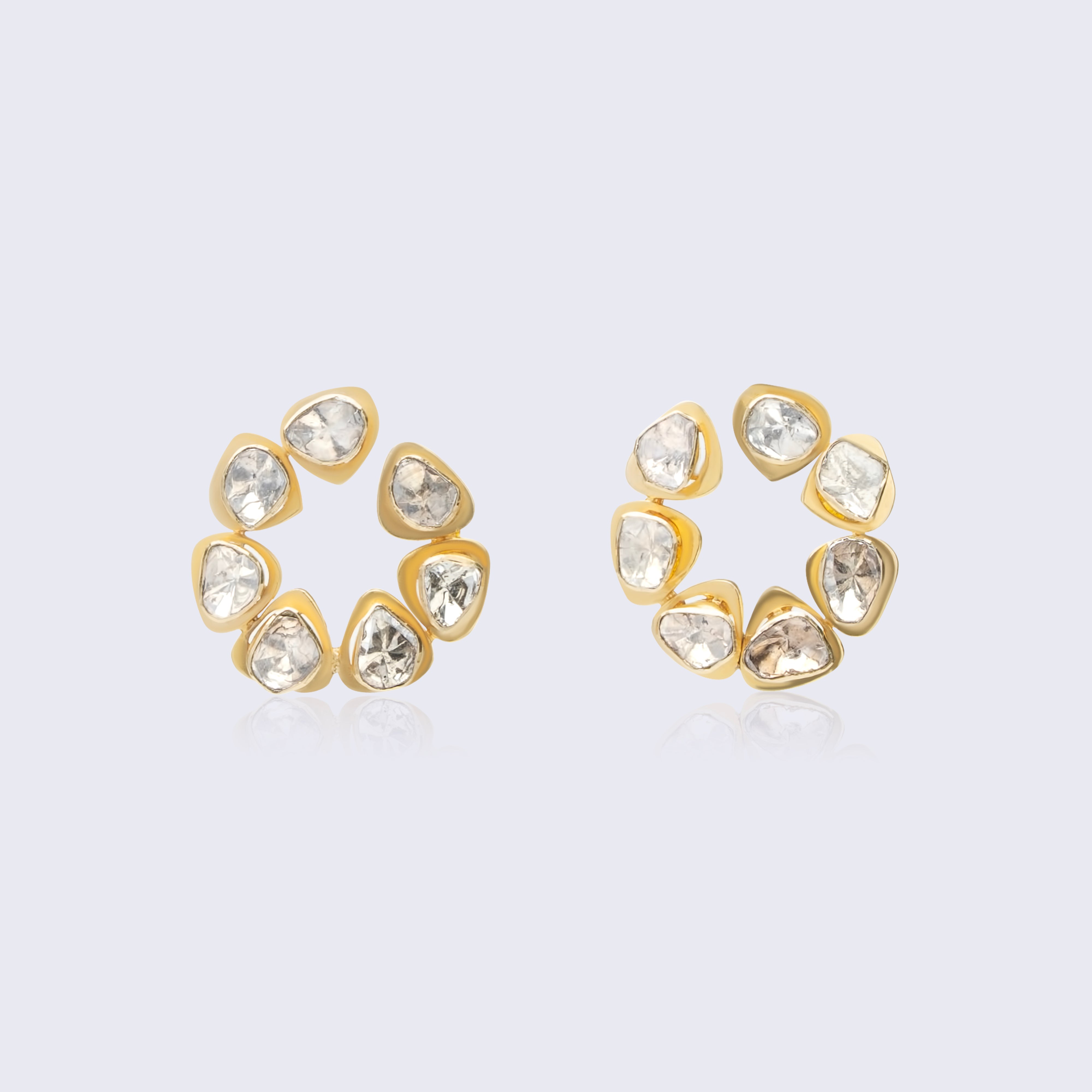 Magnificent 14K gold polki rose cut diamond flower earrings with irregular shaped polki diamonds in circular floral patterns