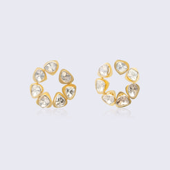 Magnificent 14K gold polki rose cut diamond flower earrings with irregular shaped polki diamonds in circular floral patterns