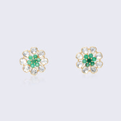 Elegant 14K gold emerald polki flower stud earrings with emerald center clusters and polki diamond petals in traditional floral design