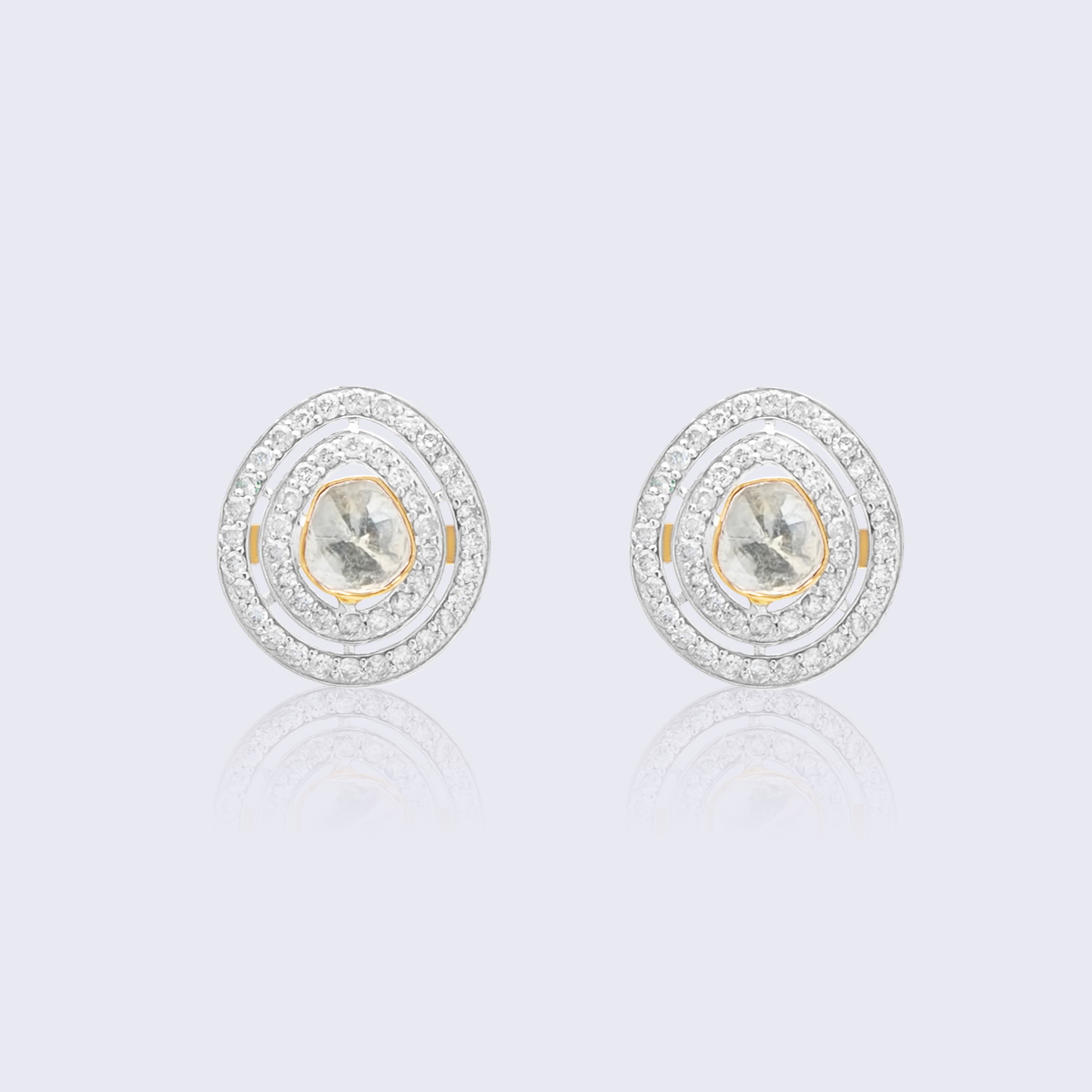 Elegant 18K gold polki diamond circle stud earrings with concentric circles of brilliant polki diamonds and traditional rose-cut setting