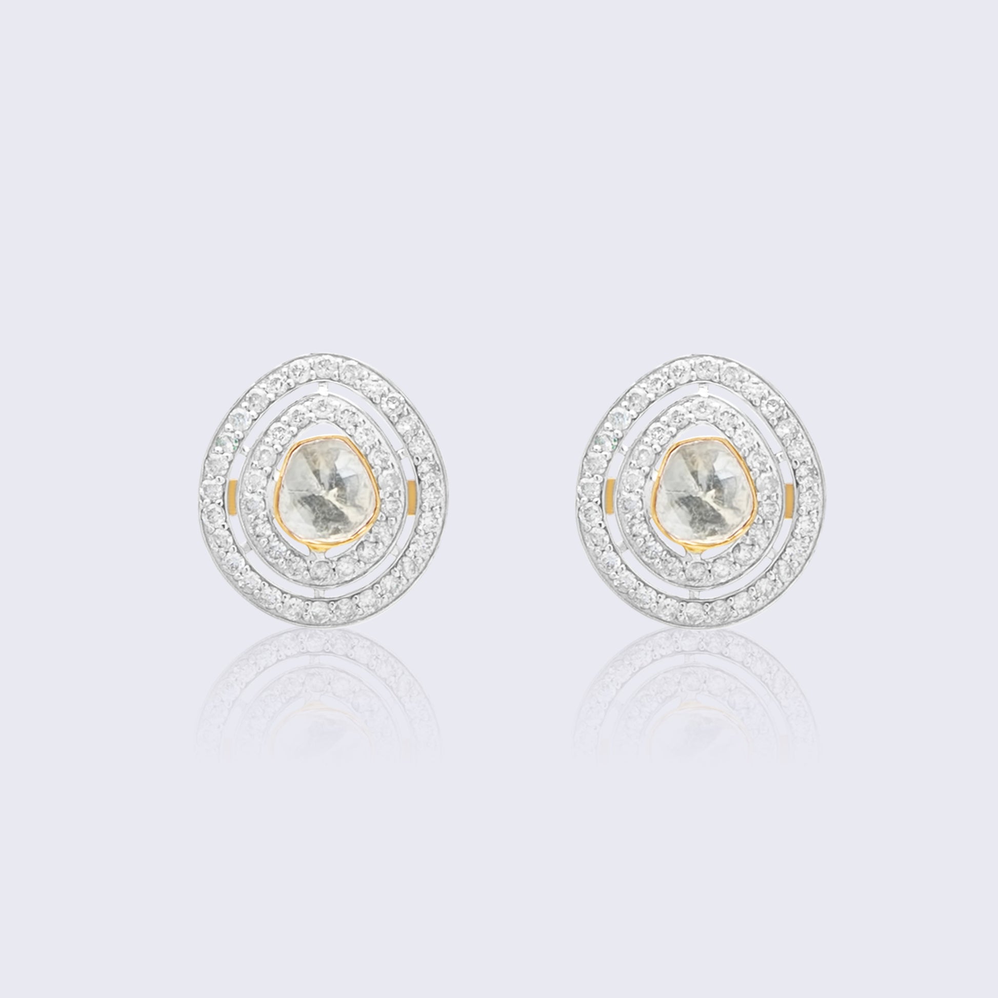 Elegant 18K gold polki diamond circle stud earrings with concentric circles of brilliant polki diamonds and traditional rose-cut setting