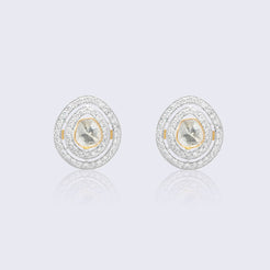 Elegant 18K gold polki diamond circle stud earrings with concentric circles of brilliant polki diamonds and traditional rose-cut setting