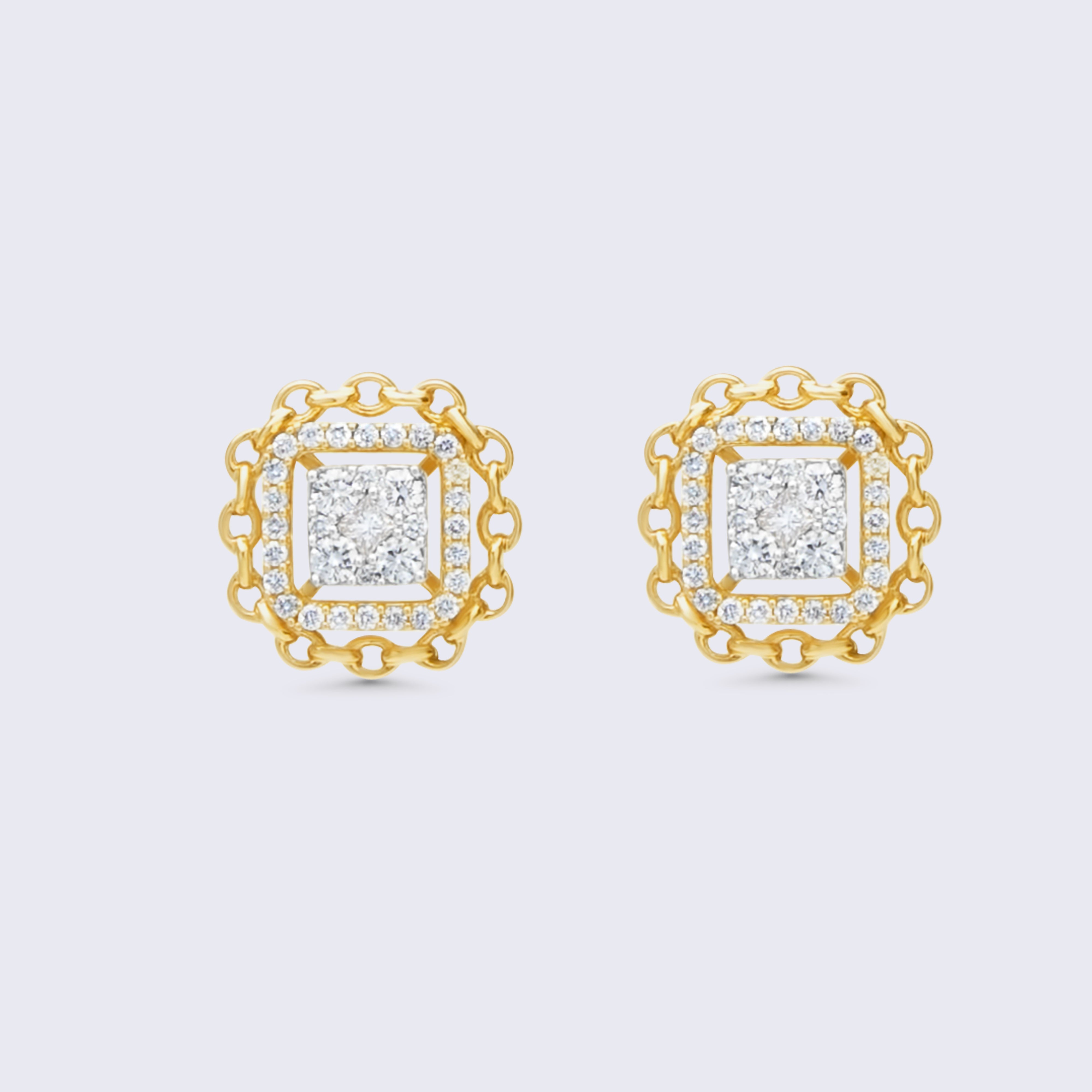 Elegant 18K rose gold diamond halo stud earrings with cushion-cut centers and decorative chain-link borders