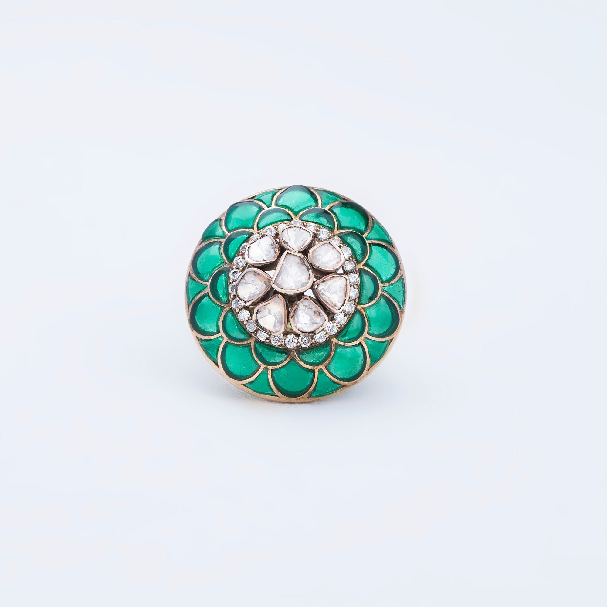 Ring with green enamel petal pattern and cluster of sparkling stones, crafted in 14K gold.