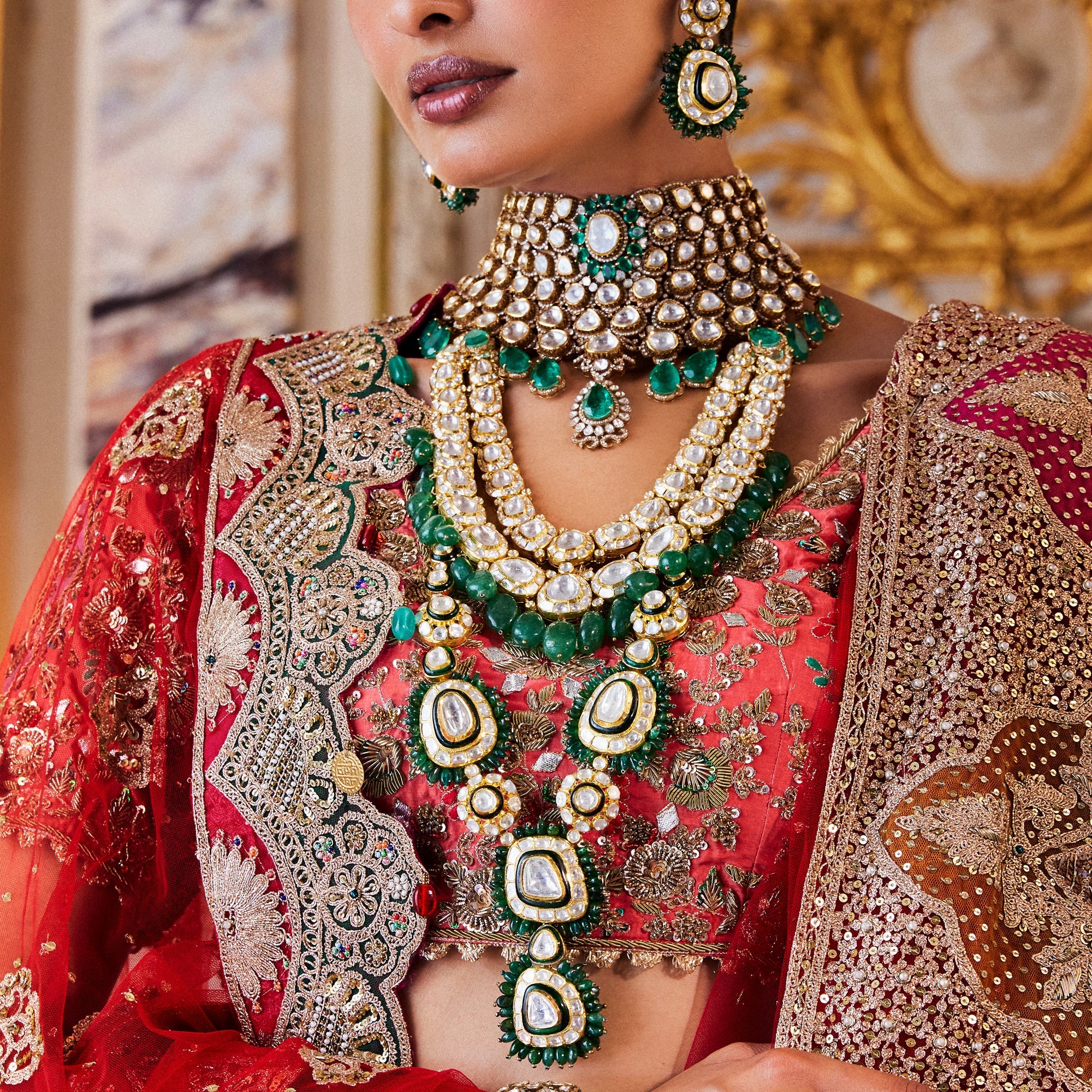 Regal Emerald Polki Choker Set with central emerald and teardrop gems