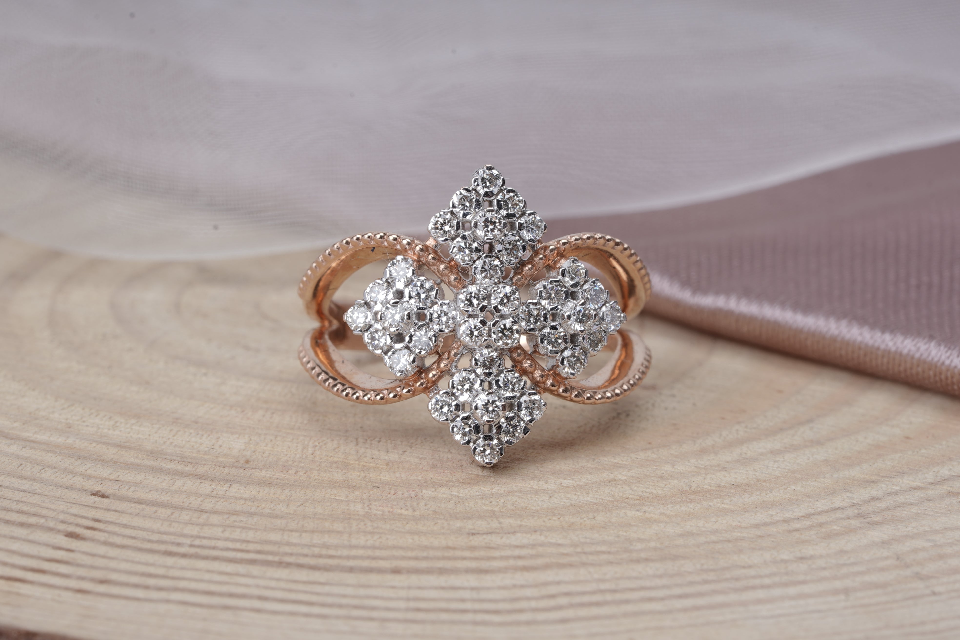 Classic ring, 18K rose gold vintage-inspired ring with diamond floral clusters and milgrain detail 