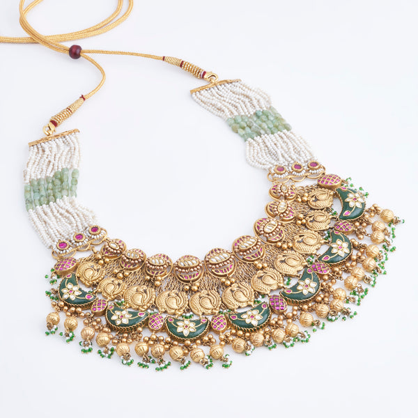 Antique Gold Temple Necklace Set with Pearl Strands