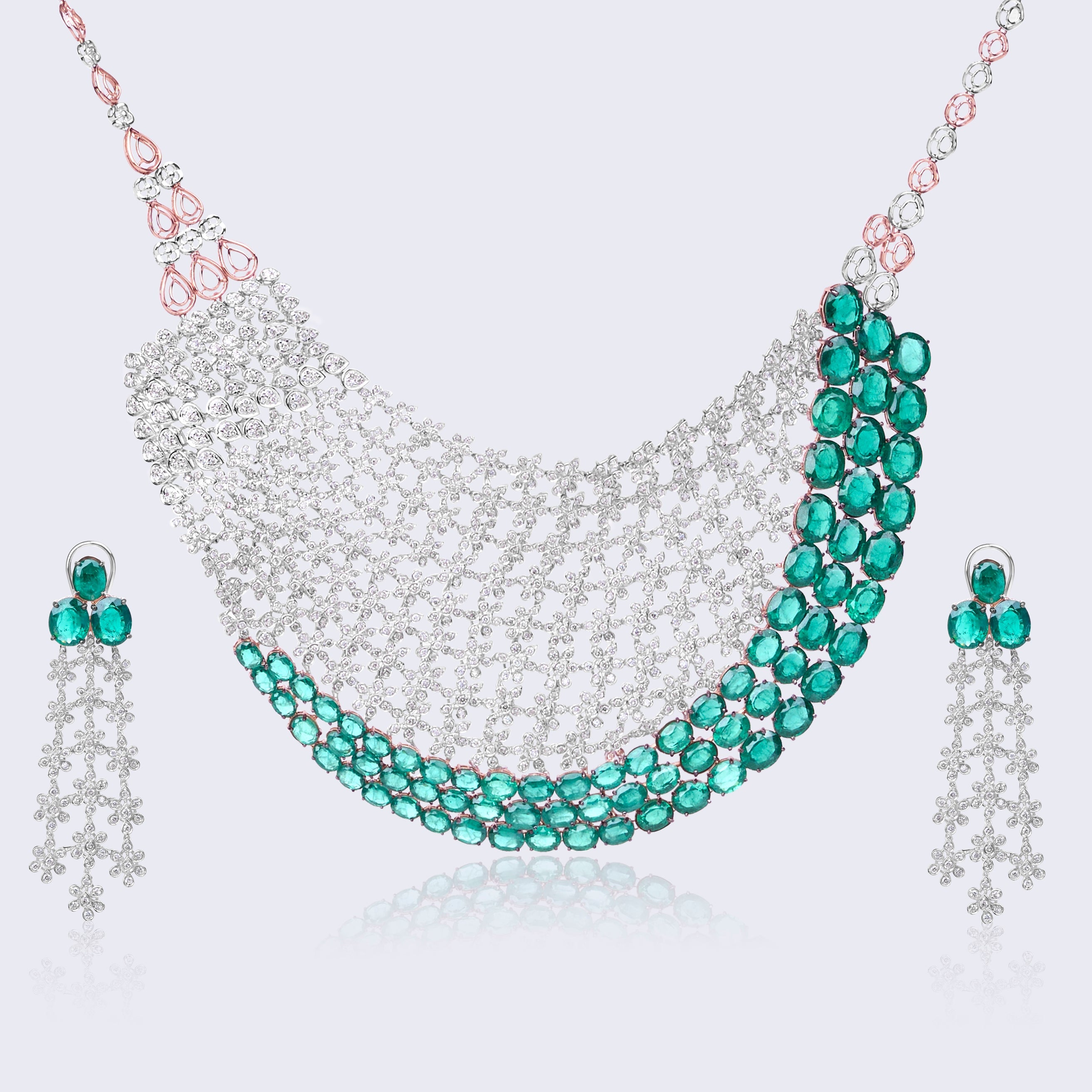 14K gold statement necklace set featuring emerald border and diamond lattice design