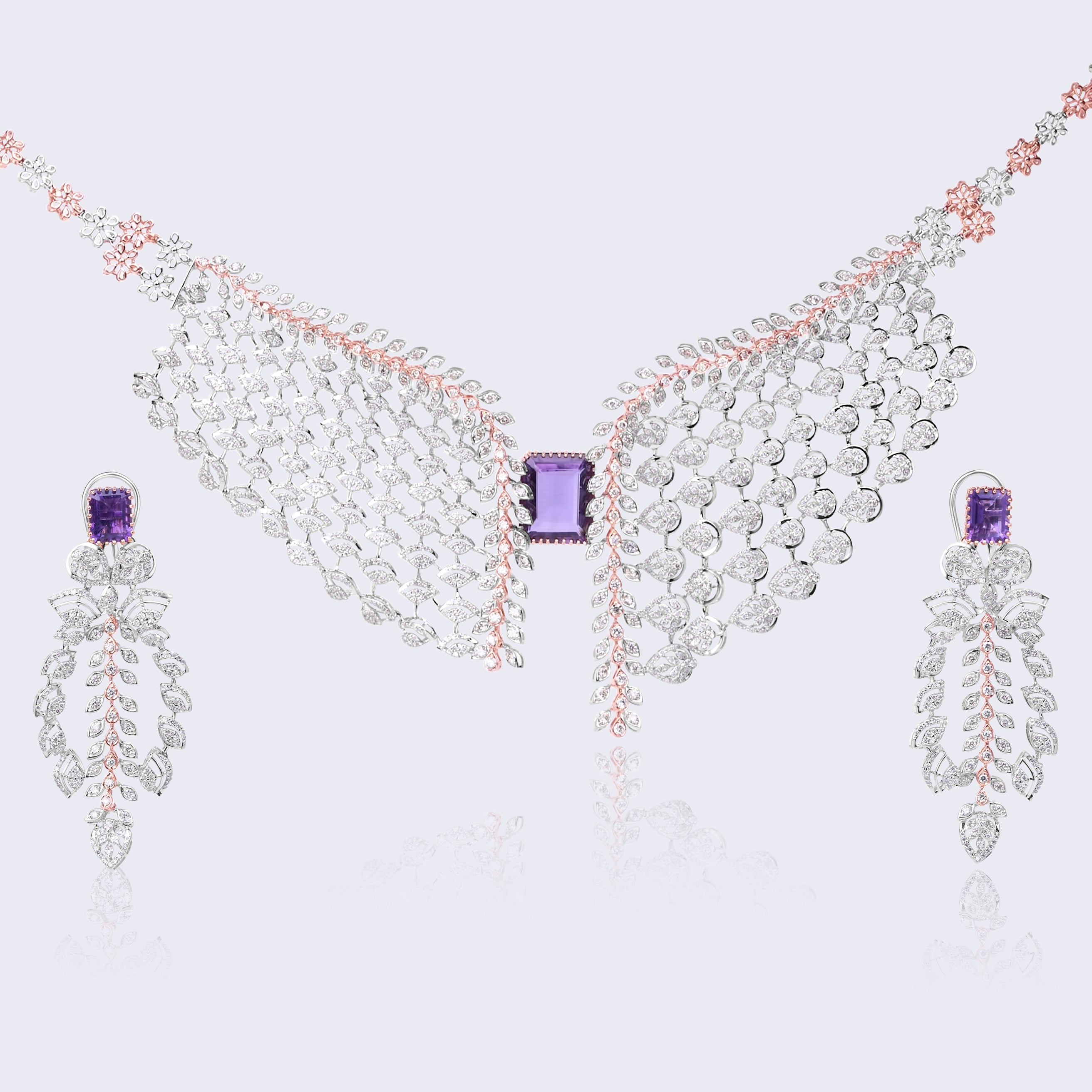 Luxury Amethyst Diamond Necklace Set with Matching Earrings in 14KT Gold with Rose Gold Accents