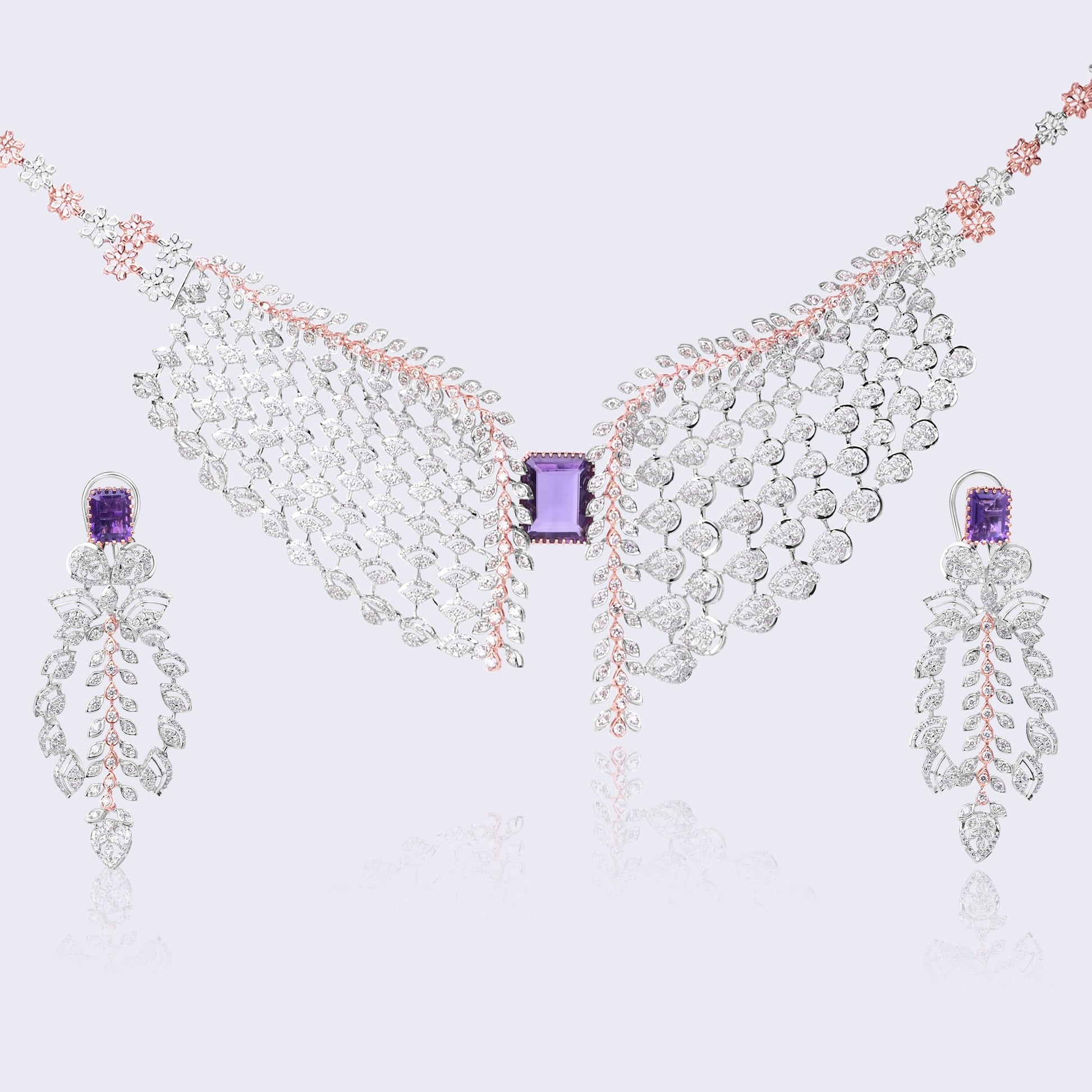 Luxury Amethyst Diamond Necklace Set with Matching Earrings in 14KT Gold with Rose Gold Accents