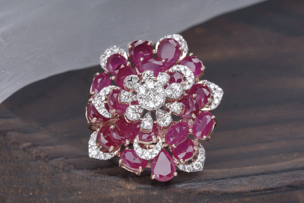 Ruby Diamond Floral Cluster Ring | Luxury Statement Ring