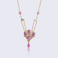Traditional 14K gold ruby polki lotus pendant with pearl chain featuring ruby petals, polki diamonds, and natural pearl accents