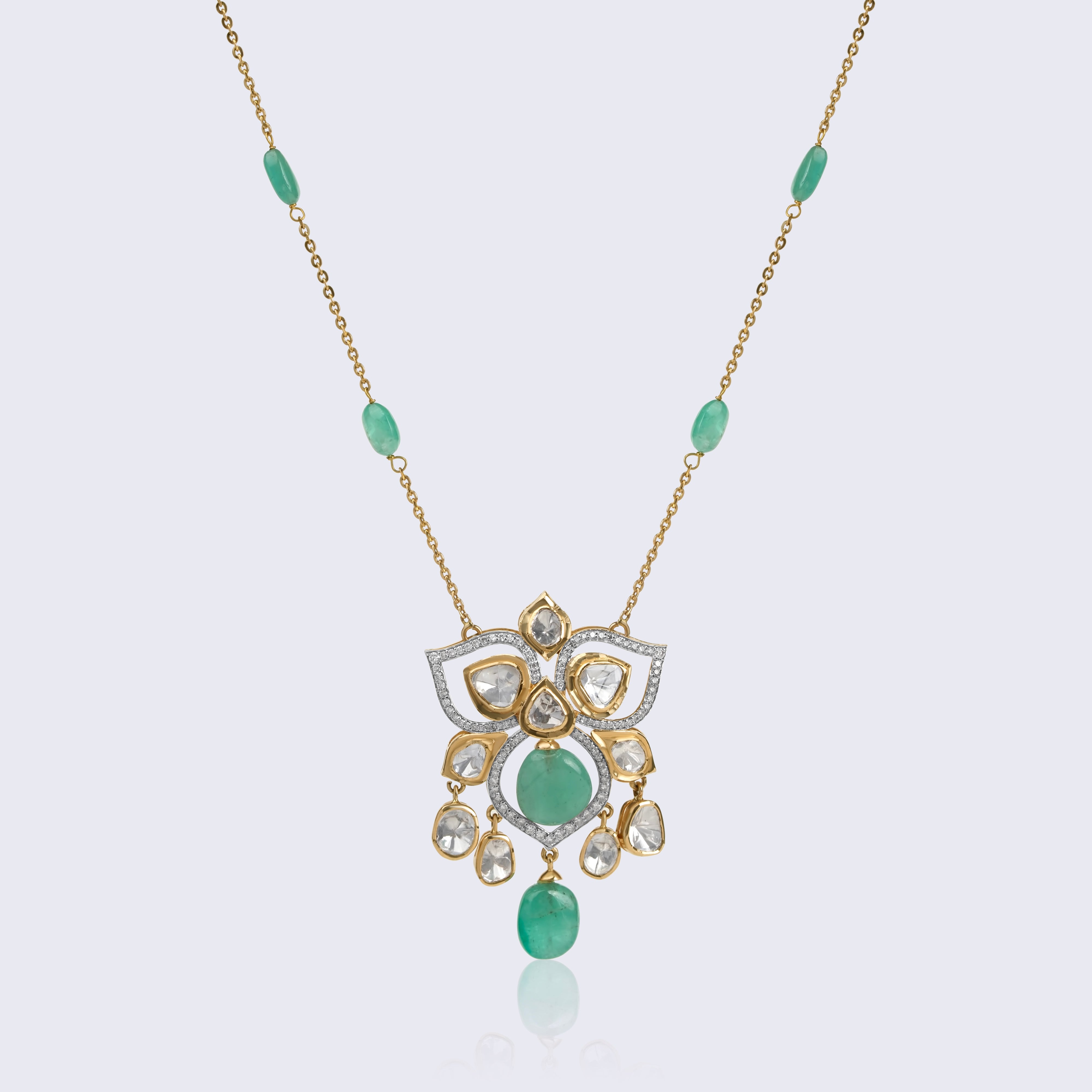 Elegant 14K gold emerald polki flower pendant with central emerald cabochon, polki diamonds, and emerald bead chain accents