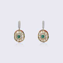Elegant 14K gold emerald polki diamond drop earrings with central emerald stones and diamond-studded tops featuring traditional Indian craftsmanship