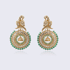 Royal 14K gold chandbali polki earrings with peacock tops, emerald borders, crown center motif, and traditional Indian craftsmanship