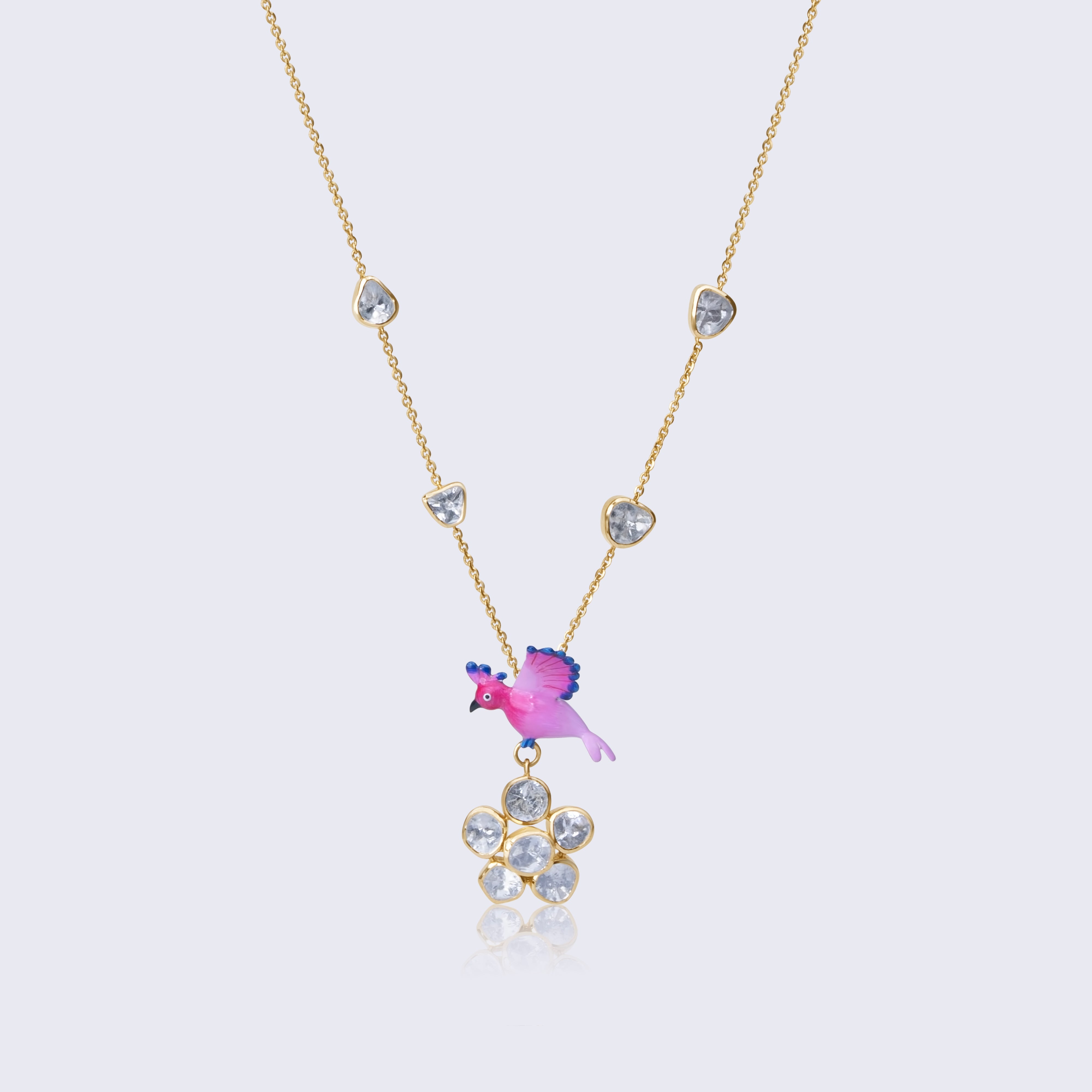 Charming 14K gold pink bird polki pendant with flower design featuring vibrant enamel work and sparkling polki diamonds