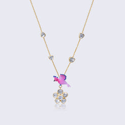 Charming 14K gold pink bird polki pendant with flower design featuring vibrant enamel work and sparkling polki diamonds